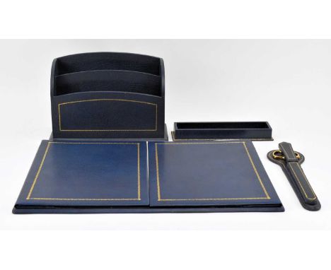 A vintage Jarrolds Knightsbridge full navy morocco desk set. The set comprising a large writing desk pad, a two section lette