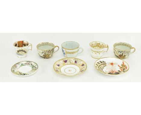 A collection of five early 19th century Regency &amp; later Victorian teacups, along with three saucers. The lot comprising t