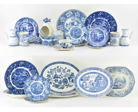 A quantity of English blue and white transfer ware ceramics. The lot to include twelve transfer printed plates /chargers by J