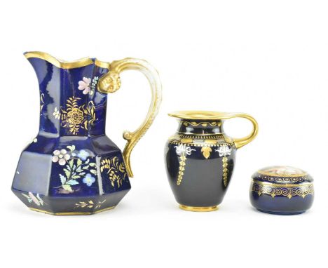 A collection of late 19th century cobalt and gilt china. The lot comprising a Spode jug with lizard handle, an early 20th cen