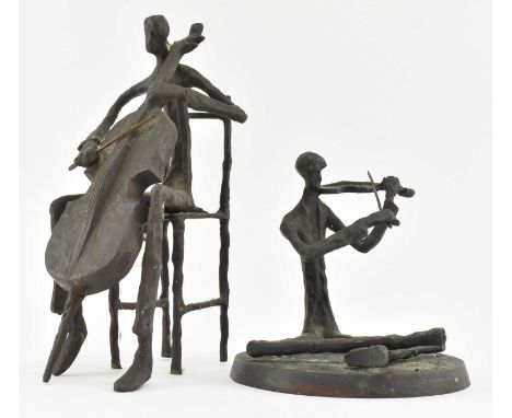 After Alberto Giacometti - two vintage modernist style bronze figurines depicting musicians. Each sculpture of thin twisted f