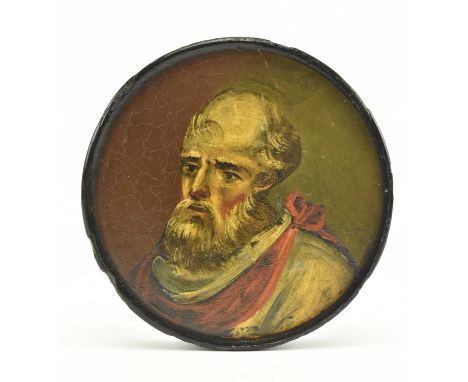 A 19th century Stobwasser style black lacqard papier mache snuff box. The circular box snuff featuring central portrait of a 