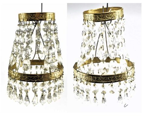 A pair of early 20th century gilt metal &amp; glass drop miniature pendant chandeliers. Each lamp with two tiers, each featur