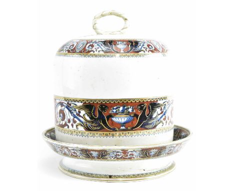 A mid 19th century Victorian stoneware ceramic lidded cheese dome. The dome featuring Neo classical banded design on cream gr