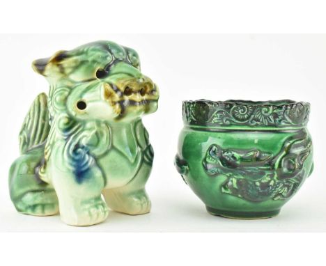 Two vintage Chinese green glazed porcelain pieces. The lot to include a green glazed censer decorated with moulded foliage ri