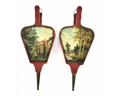 A pair of vintage continental Barge ware style wooden wall pockets, each in the form of bellows. Hand painted, each with natu