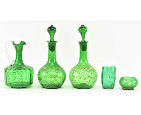 Mary Gregory and similar - a collection of 19th century Victorian green glassware, all with enamel decoration. The lot compri