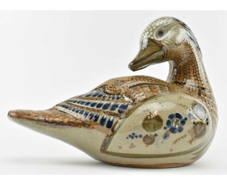 Guadalajara Pottery - a vintage Mexican studio pottery ceramic sculpture of a duck. The figurine hand painted with dappled mu