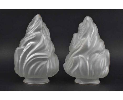 A pair of Art Deco early 20th century circa 1930s frosted glass flame light lamp shades. Each with lipped base.Each measuring