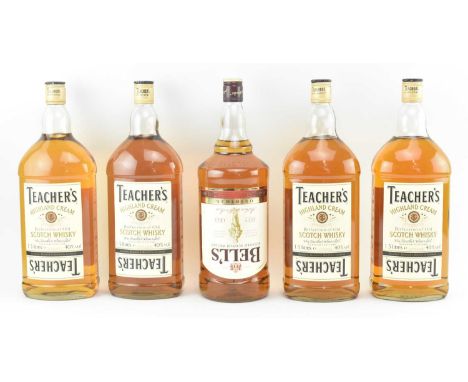 A collection of five optic / pub Scotch Whisky bottles. The lot to include four Teacher's Highland Cream Scotch Whisky bottle