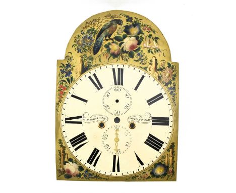 A 19th century hand painted &amp; enamel front longcase grandfather's clock face. The face having the half moon shaped panel 