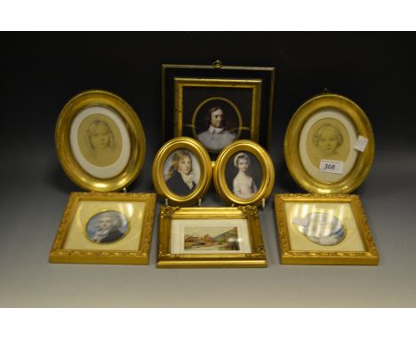 Interior Design - Renné David, a pair of oval gold leaf portraits on silk; two oval gilded miniature portrait prints; two gil