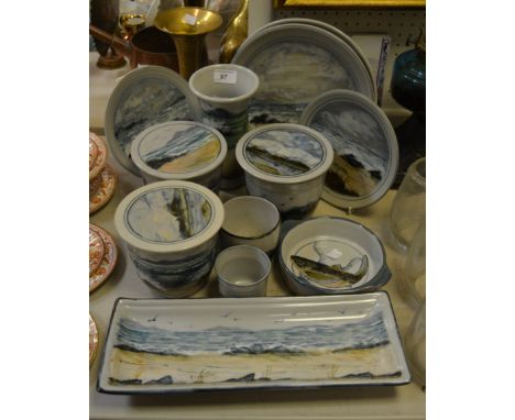 Ceramics - Highland Stone ware, a rectangular salmon tray, hand painted; others vase, plates, bowls, etc mostly decorated wit