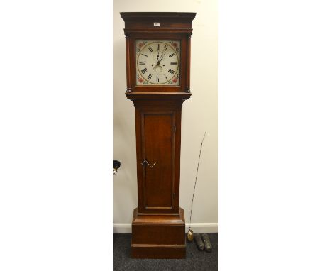 A George III oak longcase clock, the 30 cm square painted dial inscribed 'Shelgill. Salford.', Roman numerals, poppies painte