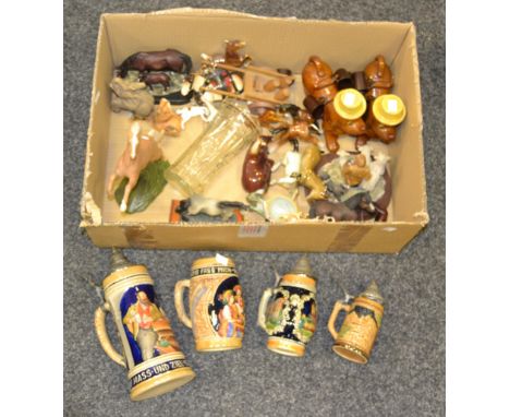 Ceramics - a Poole part coffee service; a Susie Cooper part dinner service(faults); Horse models; beer steins ; etc (2 boxes)
