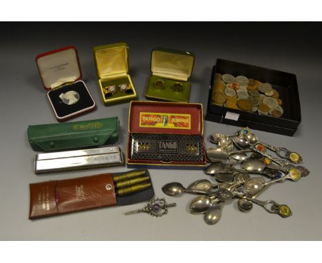 A Tango harmonica, by M. Hohner, Germany; another, Echo harmonica by M. Hohner, Germany; collectors spoons; coins; a pair of 