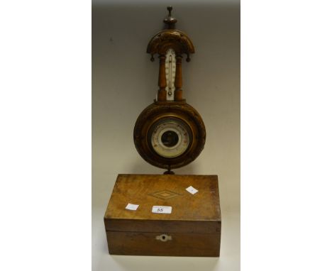 A Victorian walnut wall barometer; a Victorian walnut work box
