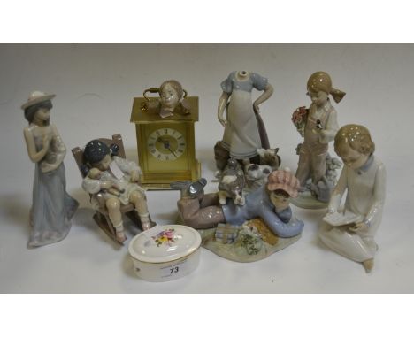A Lladro figure of a Sleeping Child in a Rocking Chair; another  a Girl holding a Dog in her arms; others a Boy lying on the 