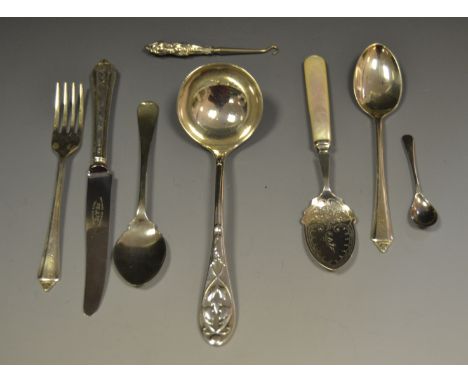 Silver - a silver ladle London 1903 50g; silver jam spoon  mother of pearl handle; silver tea spoon another; etc 