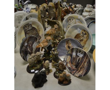Owl Interest - Collectors Plates; Country Artists model of a Barn Owl on a water pump; another  by a Stained glass window; ot