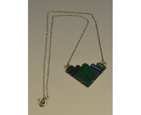 An Art Deco V shaped green and blue cellulose necklace, possibly by Ostby & Barton, central green V shaped panel, divided by 