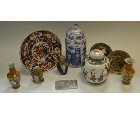 Oriental Ceramics - two stoneware figures of elders;   decorative plates;   Satsuma vases;  a silver coloured metal tablet, c