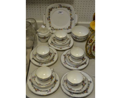 A Crown Staffordshire part tea set , transfer decorated with fruit, flowers and birds, painted No 711681, printed marks 