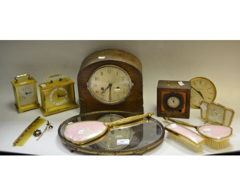 Ephemera - a 1930's oak mantel clock; a dressing table set; a brass carriage clock;  etc 