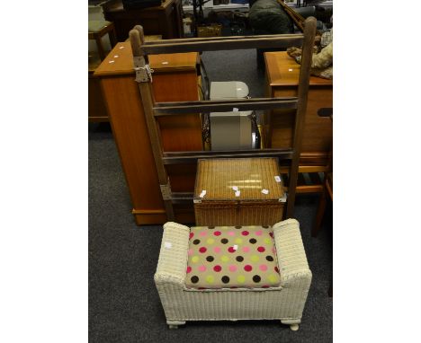 A Sirram Lloyd Loom-style rattan linen basket, glazed surface; another as a box stool, vibrant polka dot upholstered seat; et