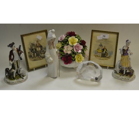 A pair of Continental porcelain figures; a Lladro figure; an Aynsley posie; a Dartington glass paperweight etched with an ima