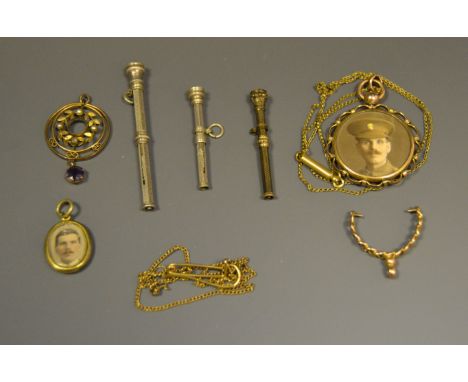 A rose gold coloured portrait pendant; a 9ct fob watch holder; a gold coloured and amethyst pendant; etc