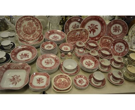 A Spode Pink Camilla pattern extensive dinner service comprising of soup bowls; dinner plates, side plates, cups and saucers;