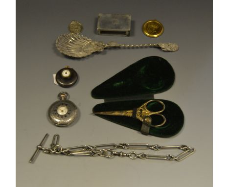 A lady's silver half hunter pocket watch ; a late Victorian gun metal button hole watch; a white metal filigree spoon; a case