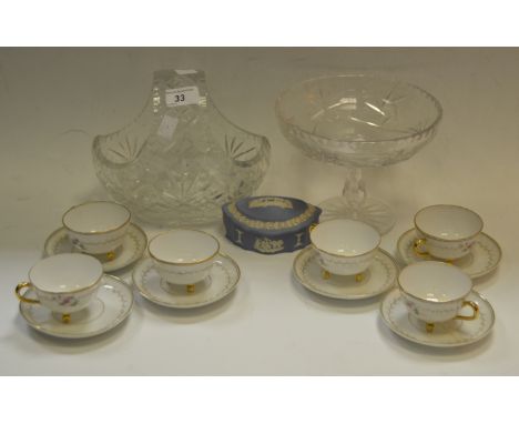 Ceramics and Glass - a Wedgewood jasperware trinket dish and cover; a cut glass basket, bob bon dish; continental cabinet cup