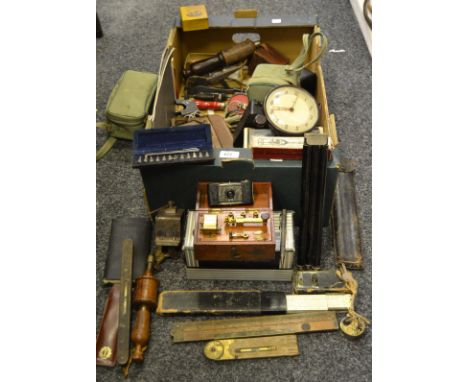 Tools and Photographic Interest - a sapphire boxed jigsaw; mole grips; etc; a cooler cabin slide projector; boxed brownie; et