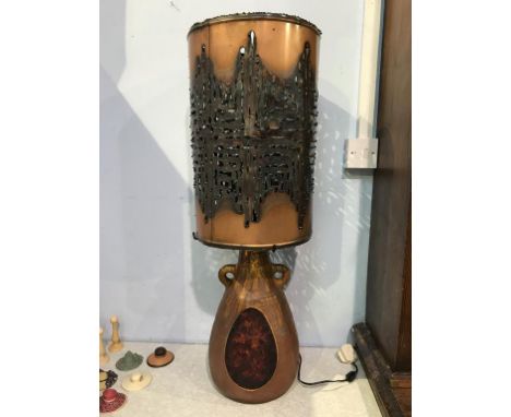 A French Accolay Studio Pottery stoneware lamp base, with a metal work shade, 93cm