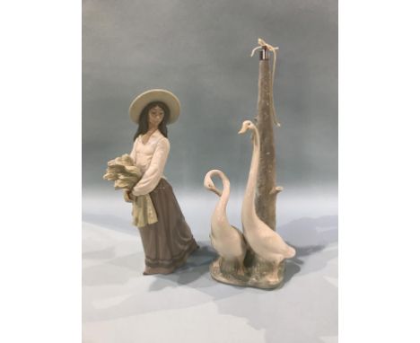 A Nao figure of a girl and a Nao table lamp with swans