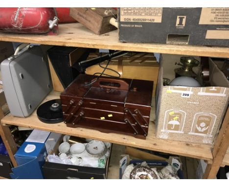 A sewing box, oil lamp etc.