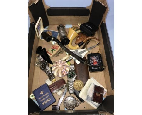 A tray of assorted, to include watches and a Zippo lighter etc.