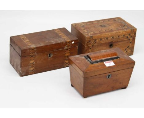 A Victorian walnut Tunbridge ware tea caddy, with hinged lid revealing two compartments, width 22cm, together with two other 