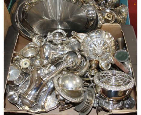 A box of miscellaneous metalware to include silver plated teapot, rose bowl, gallery tray etc 