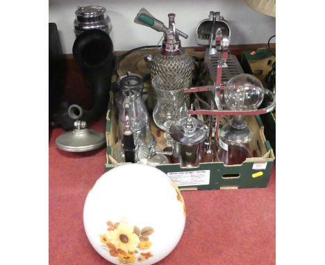 A collection of vintage culinary related items, to include a soda syphon, together with an opaque glass light shade with flor