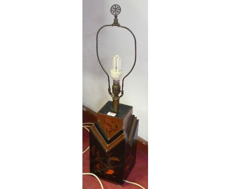 A black and gold painted table lamp, of stepped form, decorated with stylised birds, h.40cm 