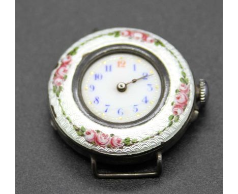 A George V ladies silver cased and enamelled wrist watch having manual wind movement, case dia. 26mm (lacking bracelet)