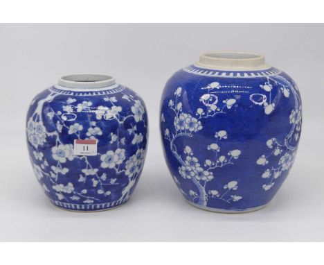 A Chinese blue &amp; white glazed porcelain ginger jar, decorated in the prunus pattern, height 19cm, together with another s