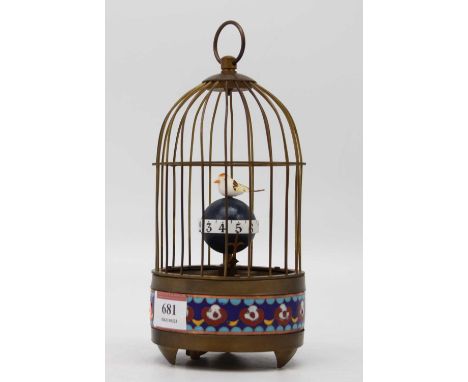 A reproduction brass and cloisonne enamel birdcage automaton clock, height 19cm