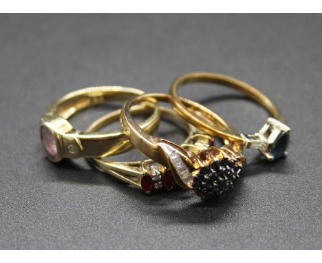 Four various 9ct gold precious and semi precious set dress rings to include amethyst, ruby, sapphire, and diamond examples, g