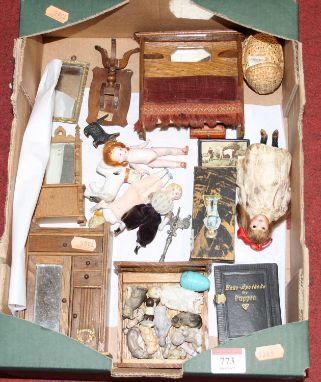 A collection of dolls house furniture, miniatures and figuresRe. dolls - red bow: poor order.  Head intact but limbs ar in a 