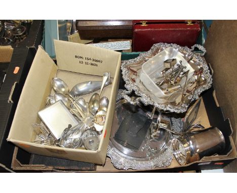 A box of miscellaneous metalware to include silver plated pocket snuffbox with crest for Hunstanton Hall, pocket cigarette ca