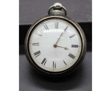 G Whiston of Stafford - an early Victorian silver pair-cased gent's open face pocket watch, having a white enamel Roman dial,